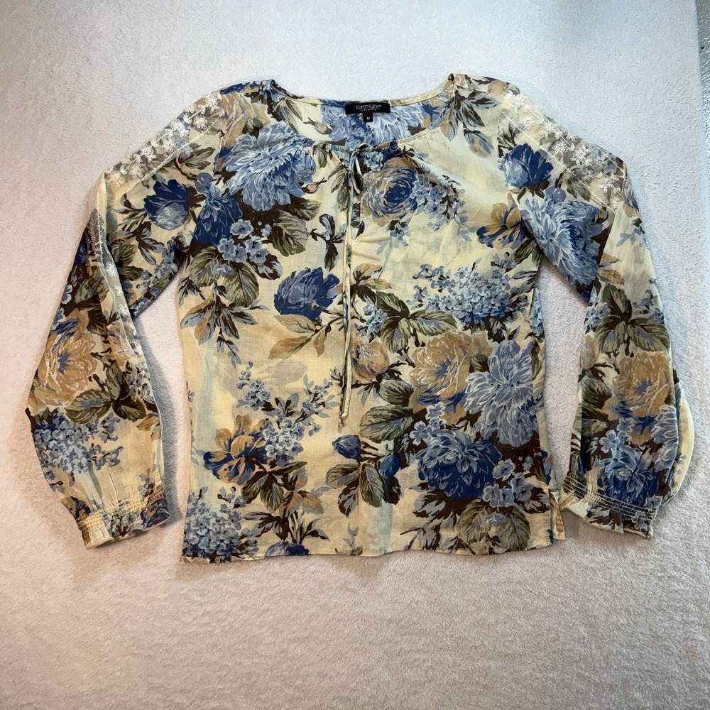 Karen Kane Lifestyle Floral Lace Trim Peasant Blouse Blue Tan Medium